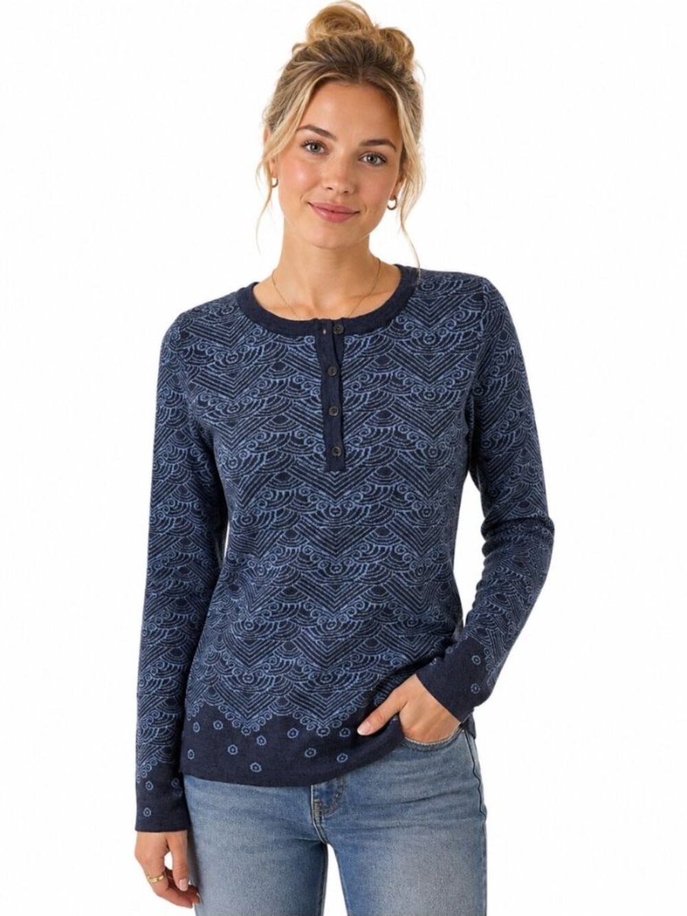 Icelandic Design Womens 100% Merino Wool Sweater Pullover 1/4 Button Blue Size M